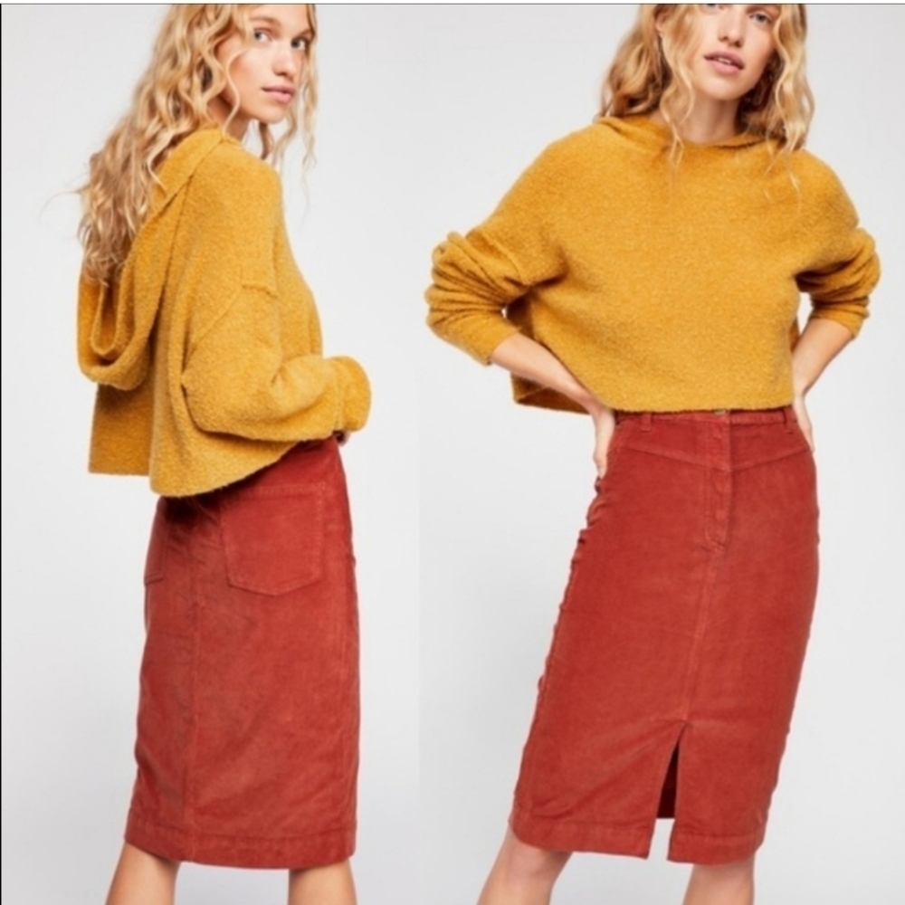 Free People Rosemary Corduroy  Terracotta Orange Cotton Stretch Pencil Skirt